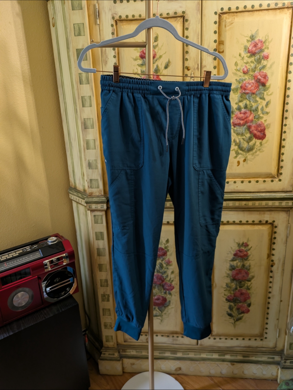 koi Men's Teal Drawstring Scrub Pants With Taper Ankles Sz M